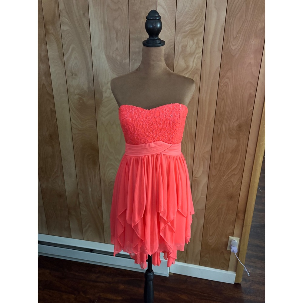 Sequin Hearts Neon Coral Pink Strapless Sequin Lace High Low Party Dress Size 5